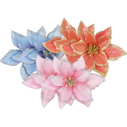 5pcs 12cm Christmas Artificial Flowers Gold Red Poinsettia Flower Heads for Xmas Tree Decoration Drop Ornament Wedding Florals