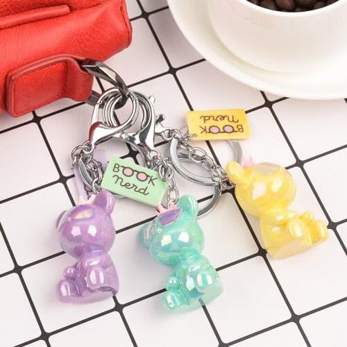 Korean Style Cartoon Acrylic Laser Sunglasses Bear Doll Key Chain Women Charm Bag Pendant Keyring Car Keychain Gift for Girl