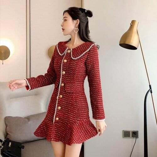 Fashion Red Peter Pan Collar Tweed Dress Female Vintage Single Breasted Short Dress Long Sleeve Office Lady Ruffle A-Line Dress