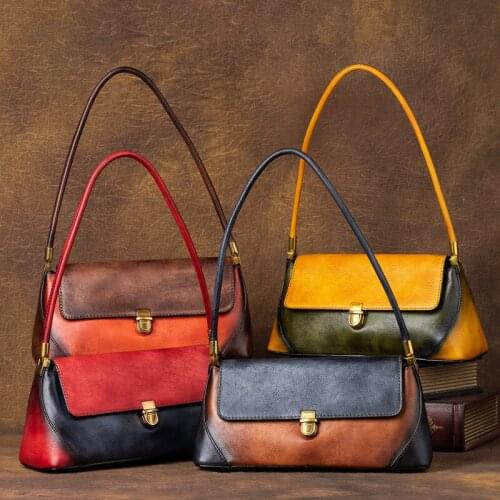 2021 New Fashion Design Genuine Leather Retro Handbag Two Colors Matched Vintage Bags Women Casual Tote Handbag Shoulder Bags