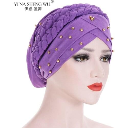 New Design Fashion Style Muslim Mesh Scarf Caps For Women Brand Pearl Headscarf African Wrap Turban Hats Beaded Braid Toe Caps
