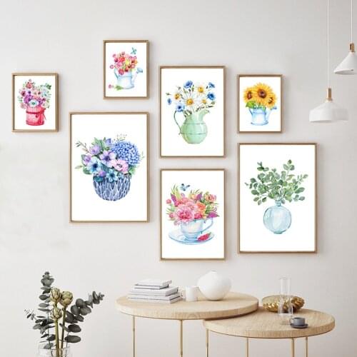 Sunflowers Tulips Daisies Wildflowers Watercolor Art Canvas Painting Green Plants Illustration Hand Drawing Posters and Prints