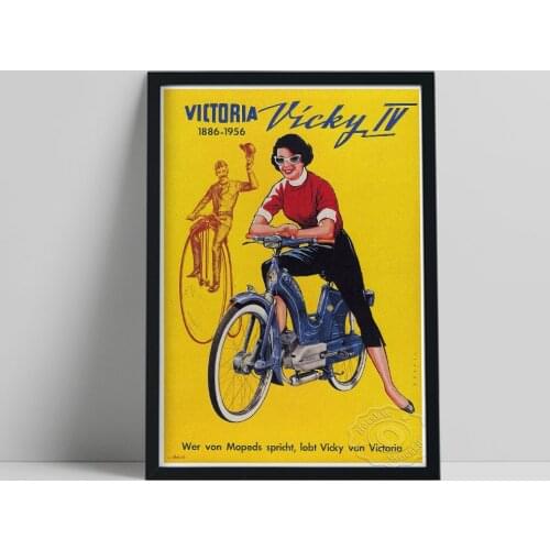 1960s Advertising Publicity Art Poster, Victoria Vicky Iv Bicycle Yellow Background Canvas Painting, Vintage Art Home Wall Decor