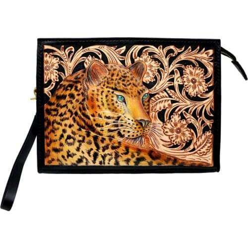 Handmade Women Men Vegetable Tanned Leather Bag Wild Style Leopard Money Holder Clutch Purse Clutches Cow Lerther Envelope