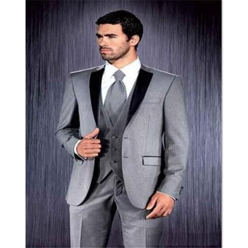 Custom Made Groom Tuxedos Black Lapel Men Suit Light Gray Groomsman/Bridegroom mens Suits (Jacket+Pants+Vest)Terno masculino