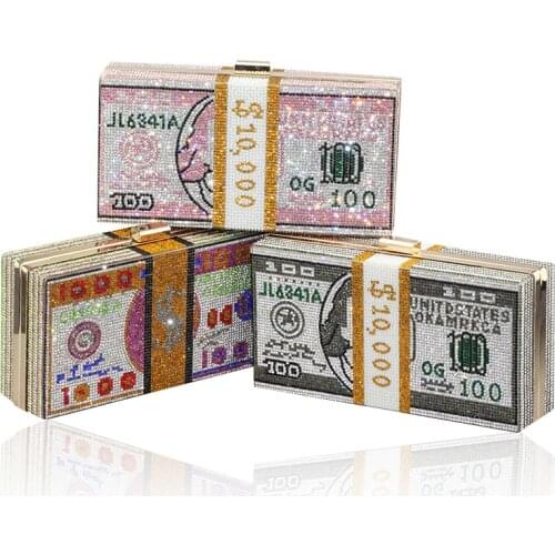 Stack of Cash Designer Box Women Pattern US Dollar 10000 Money Clutches Evening Bags Diamond Party Cocktail Purse Handbag
