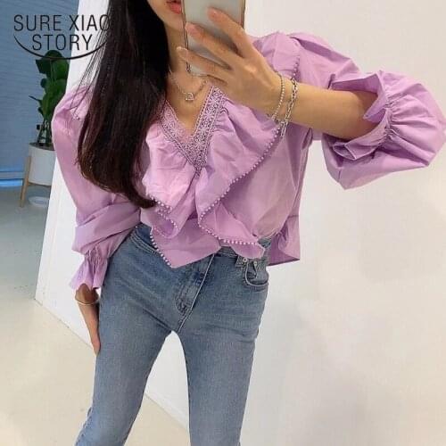 All Match Office Lady V-Neck Solid Cotton Ruffles Basic Shirts Sweet High Quality Spring Summer New Vintage Brief Blouses 13568