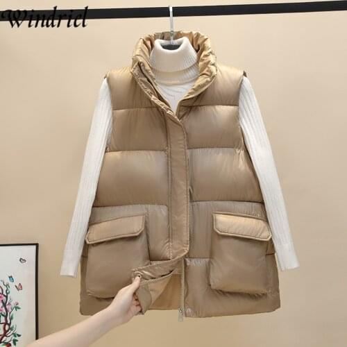 Windriel Big Pockets Winter Vest Women Stand Collar Short Waistcoat Female Cotton Padded Vest Autumn Warm Jacket Coat Sleeveless