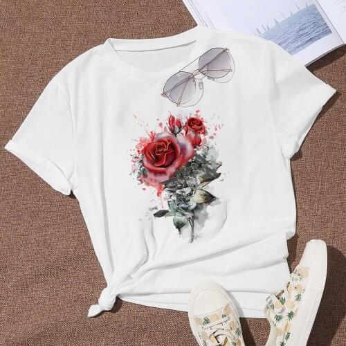 Young Girls Style T Shirts Women Bright Red Rose Printed Graphic Streetwear Design Soothing Clothing Shirt Summer White Top