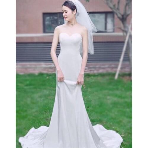 Soft Satin Simple Mermaid Sweetheart Vintage Strapless Sweep Train Lace-Up Wedding Gown Wedding Dress Bride robe de mariée