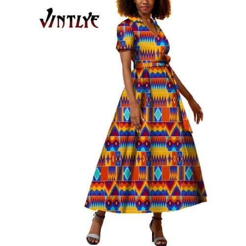 Summer African 100% Wax Cotton Print Dresses for Women A-Line Long Dresses Bazin Riche African Clothing WY5571