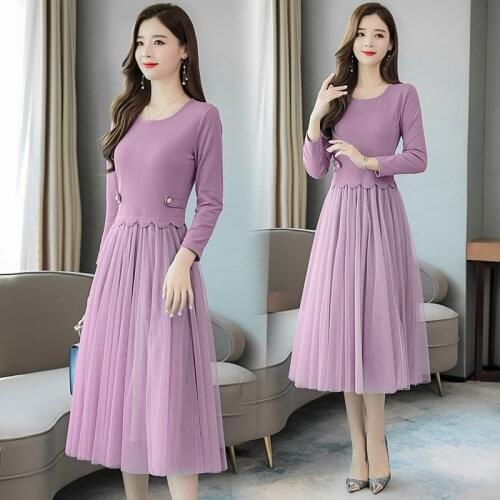 Mujer Vestidos Autumn New Knitted Mesh Yarn Light Temperament Dress 2020 Early Spring Splice Womens O-Neck Pleated Dresses Z648