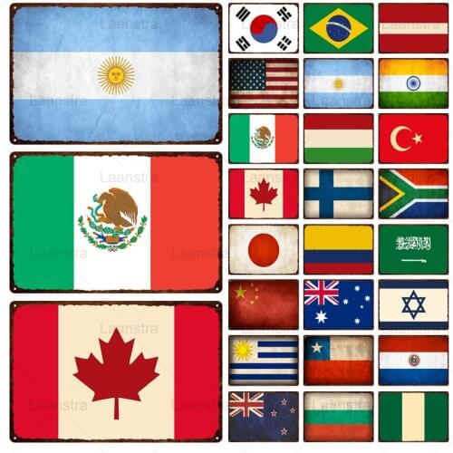 Tin Sign World National Flag USA Canada Japan Korea Wall Decor Iron SheetPainting Wall Art Home Bar Living Room Man Cave ClubPub