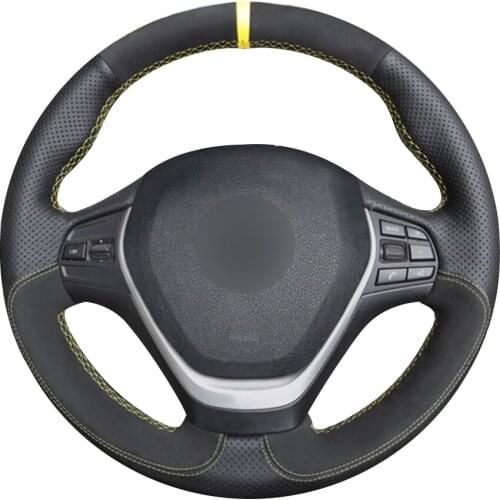 Black Natural Leather Black Suede Yellow Marker Car Steering Wheel Cover for BMW F30 320i 328i 320d F20