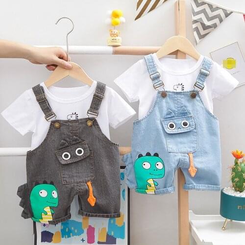 Children Cotton Clothes Summer Baby Boys O-Neck T Shirts Denim Overall 2Pcs/sets Infant Kids Toddler Cartoon Dinosaur Tracksuits