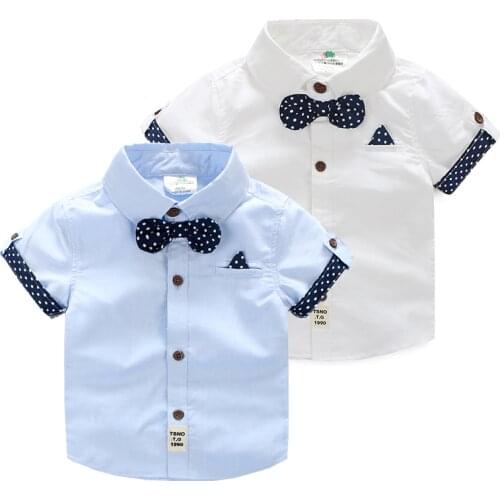 2021 Summer ChildrenS Birthday Party Clothing Cotton Short Sleeve Polka Dot Patchwork Child Kids Handsome Boy Bow Tie Shirt