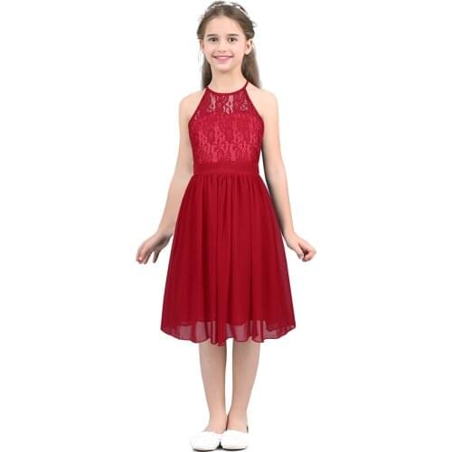 Kids Girls Summer Dresses Lace Chiffon Halter Neck Flower Girl Dress Princess Pageant Wedding Bridesmaid Birthday Party Dress