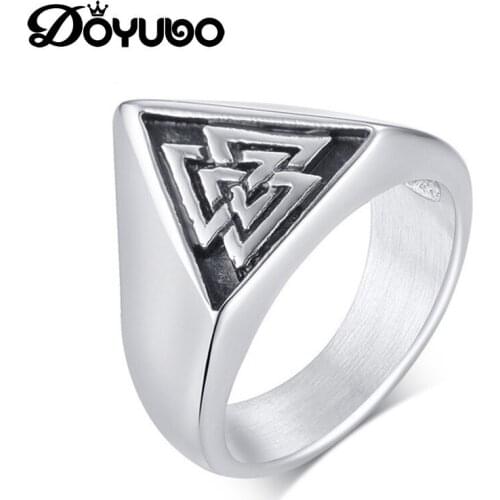 DOYUBO Vintage Silver Color Stainless steel Triangle Ring For Men Engrave Logo & Names Fashion Finger Ring Fine Jewelry DA131