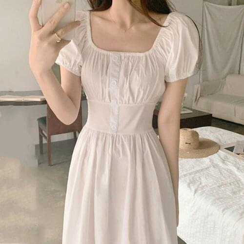 Mori Girl Elegant Square Neck Pleated Single-Breasted Puff Sleeve Dress Midi Dress Female 2021 Korean One-Piece Chic Sundresses