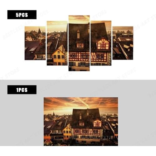 Idyllic town house building orange sky clouds landscape living room home art decor Canvas Painting poster