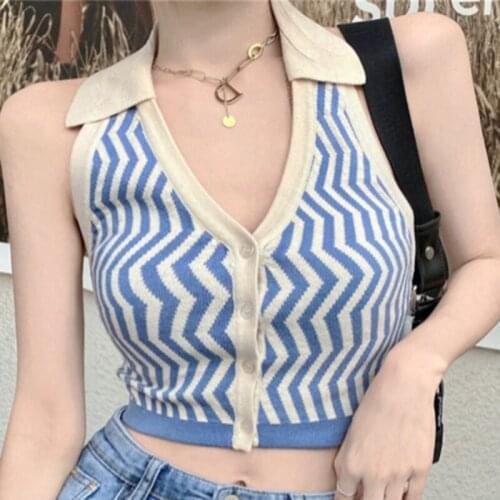 Laides Summer Streetwear Fashion Striped Halter Knitted Vest Women Sexy Backless Slim Outfits Female Tank Tops 2021 Button