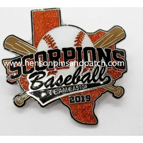 Custom metal Iron soft enamel baseball red glitter pin badge with back stamp