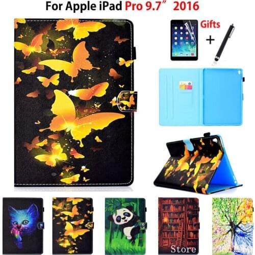 Fashion Painted Case For Apple iPad Pro 9.7 inch 2016 Release Smart Case Cover Silicone PU Leather Funda Capa Shell +Stylus+film