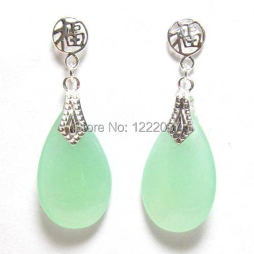 NEW 20X12mm Natural jade stone 925 sterling silver Good Fortune drop Earrings