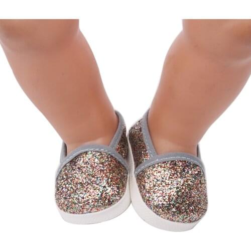 Novelty shiny grey gold flats with 43 cm baby dolls and 18-inch girl doll shoe accessories g198