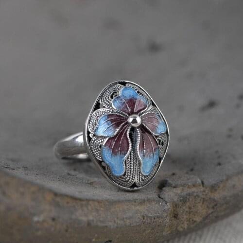 New Burning Blue Ring Chinese Retro Cloisonne Filigree Thai Silver Jewelry Flower Blooming Wealthy Open Silver Ring