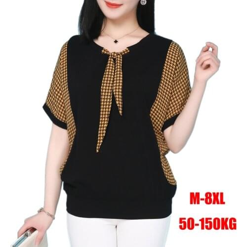 Extra Large Size M-8XL Elegant Women T Shirt Patchwork Plaid Bow Neck Summer Loose Bat Short Sleeve Tops Tees 50-150KG