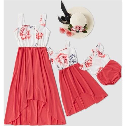 Family Matching Outfits New Big Flower Stitching Skirt Dress Parent Child Wear Baby Girl Mother Daughter Womans Kids Clothes
