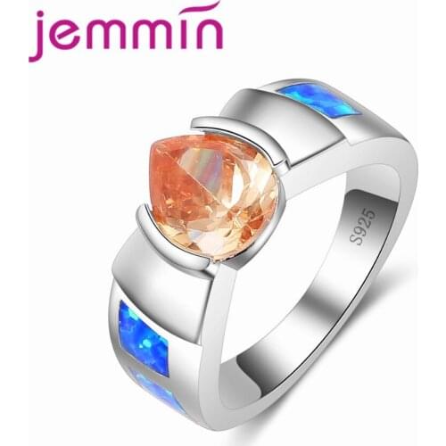 Hot Brand Orange Water Drop Crystal Ring Blue Fire Opal Ring 925 Sterling Silver Women Lady Girls Dress Accessories