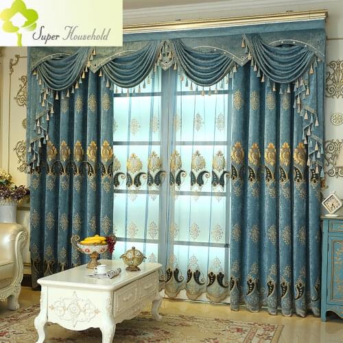 Luxury Curtains Tulle For Living Room European Blue Chenille Embroidery Velvet Curtains Tulle Bedroom Decorate Panel