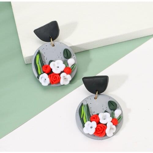 Lifefontier Unusual 3D Flower Clay Dangle Earrings For Women Geometric Round Clay Hanging Earrings Korean Fashion Jewelry 2021