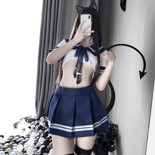 School Girl Japanese Women Sexy Cosplay Lingerie Sexy Blue Pink Student Uniform JK Cheerleader Outfit With Miniskirt Plus Size