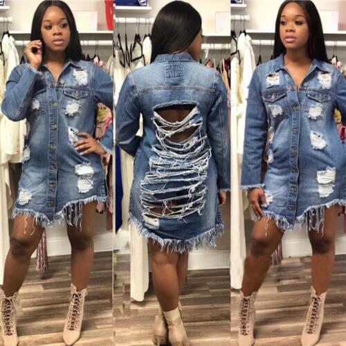 2018 NEW Womens Blue Denim Oversized Longline Ripped Detail Boyfriend Denim Jacket