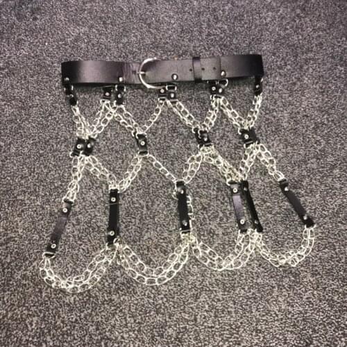 100% Handmade Women Girl Cosplay Leather Skirt Caged Skirted Belt Harness Heavy Duty Bondage Straps with Chains Links