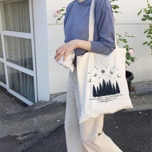 Harajuku Women Shoulder Bag Dark Forest Print Universe Faith Bag Female Shopping Tote Bags for Womens Fashion Travel Canvas Bags