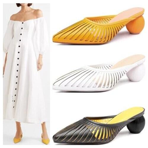 Summer Latest Design Brand Woman Yellow White Casual Braided Hollow Slip On Pointed Toe 50 mm Ball Heels Muller Slide Shoes