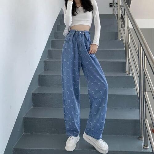 Y2k Jeans Women Autumn Straight Loose Pant Crescent Pattern Buckle Adjustable Waist Vintage Jeans Aesthetic Grunge Clothes