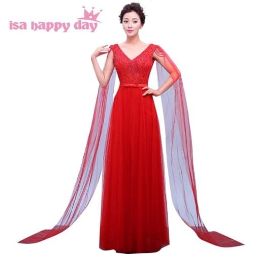 Women plus size formal beaded long red erobe de soiree elegant tulle v neck evening dinner ball dress ladies dresses H3767