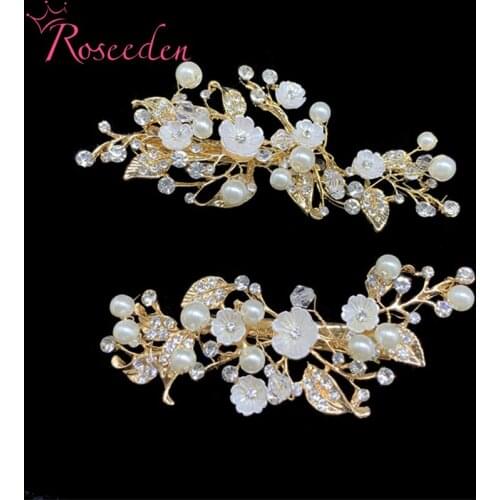 2 Pcs set Wedding Hair Comb Accessories Gold Pins Flower Leaf Pearl Hairpins Headpieces Bridal Party Jewelry RE3819