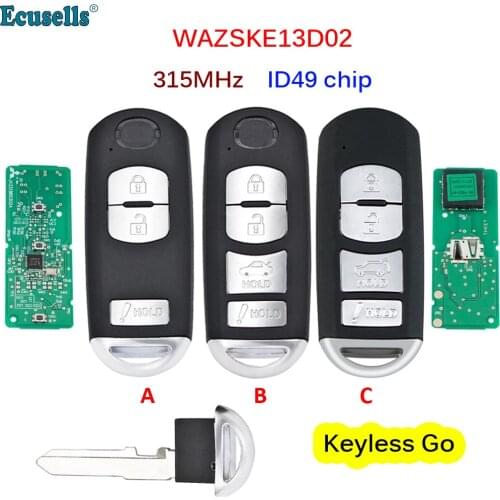 3/4 Button 315MHz Keyless-Go Smart Car Remote Key ID49 chip for Mazda 3 Sedan 6 CX-3 CX-5 CX-9 MX5 Miata FCC ID: WAZSKE13D02