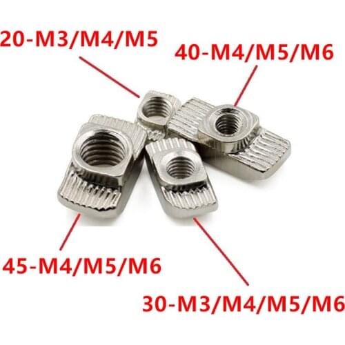 50pcs T Nuts M3 M4 M5 M6 M8 Hammer Head Fasten Nuts Carbon steel Nickel plated T-nuts for 2020 3030 4040 4545 Aluminum Profile