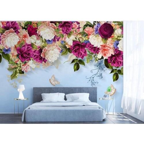 Modern simple hand-painted rose and butterfly TV background wall 3D mural wallpaper