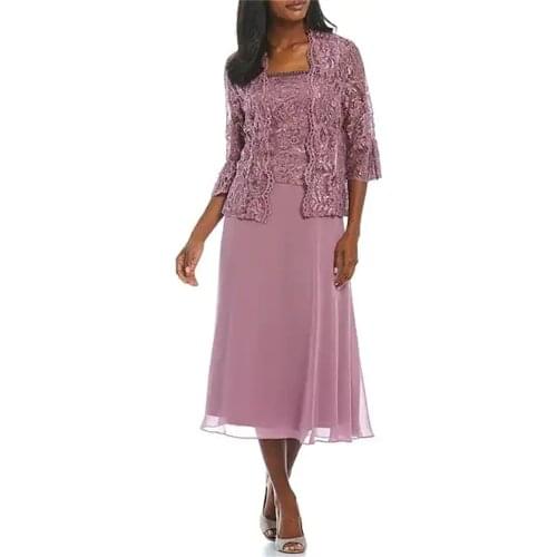 Elegant Sequined Tea Length Lace Jacket Mother of The Bride Dresses 2 Piece Mother Short Evening Dresses Vestidos De Madrina