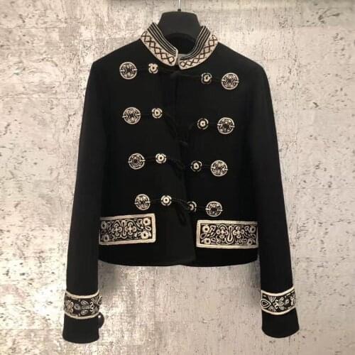 New autumn and winter handsome Navy style slim cardigan short embroidered button stand collar black coat looks thin