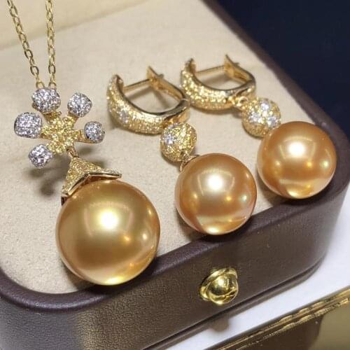 D421 Pearl Set Fine Jewelry Solid 14K Gold Almost Round 9-13mm Ocean Sea Water Golden Pearls Jewelry Sets for Women Presents