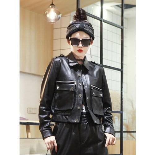 Women 2020 Autumn Winter Real Sheepskin Short Jackets Female Fashion Genuine Leather Pockets Coats Ladies Slim Streetwear D46